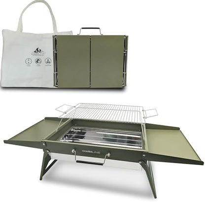 Charmline 18 x 13 inches Large Foldable Portable Charcoal BBQ Grill, Camping BBQ Grill for 3–5 People, Ideal for Camping, Garden, Beach, Picnic & Tabletop Use, Green