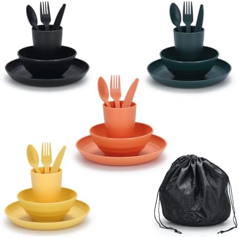 Camping Mess Kit for 4 with Bowl, Plate, Cup, Spoon, Fork, Knife and Carry Bag, Plastic Camping Accessories Essentials Gear for Travel, Picnic, Outdoor, Easy to Carry & Store