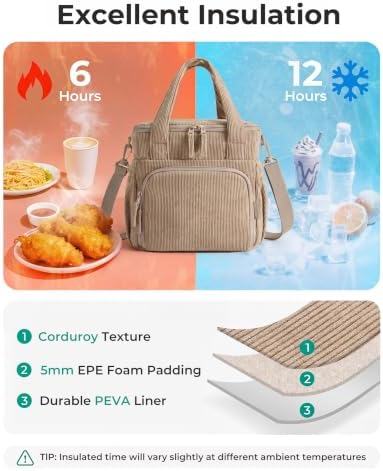 BAGSMART Corduroy Large Lunch Bag Women 14L Double Deck Insulated Lunch Box