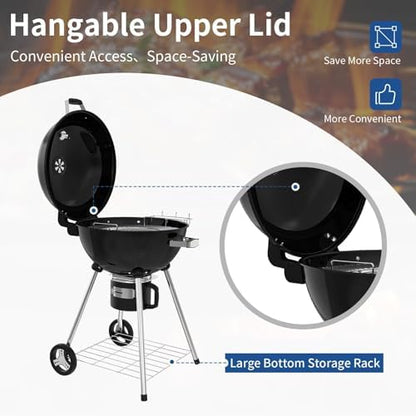22.5-Inch Portable Charcoal Grill, Heavy Duty Kettle BBQ Smoker with Built-in Thermometer & Removable Water-Rinsable Ash Catcher for Outdoor Camping, Patio, Backyard, and Tailgating