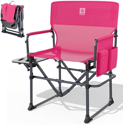 EVER ADVANCED Camping Directors' Chair with Side Table, Portable Folding with Compact Size, Breathable & Quick Dry Design Heavy Duty Lawn Chair with Pocket, 400lbs, Textilene Mesh, Pink