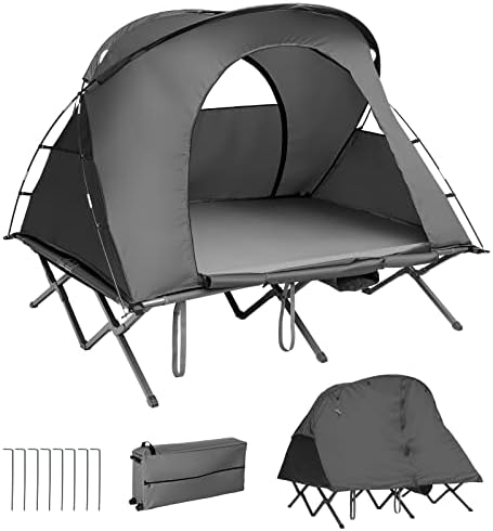 Tangkula 2-Person Tent Cot, 4-in-1 Folding Tent with Waterproof Rainfly, Self-Inflating Mattress & Roller Carrying Bag, Portable Off Ground Elevated Tent with Shoe Storage Pocket & Lamp Hook