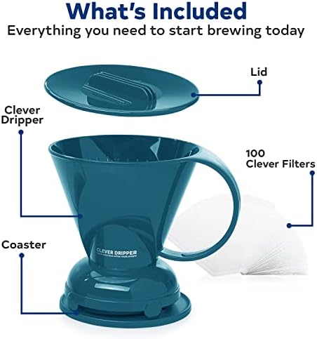 Clever Coffee Dripper | Large 18 oz | Peacock Blue | BPA-Free | 100 Filters