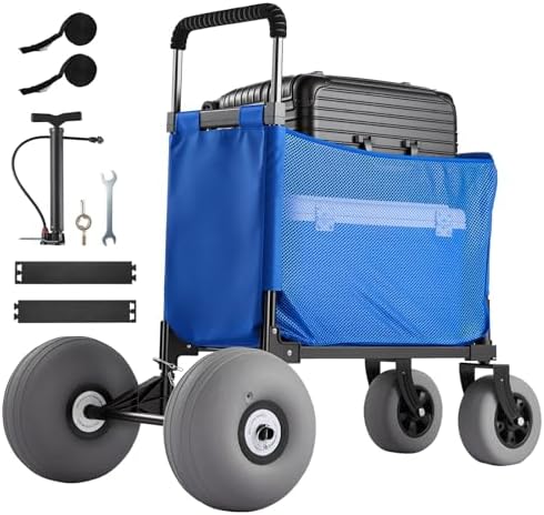 VEVOR Beach Cart, 165LBS Load Capacity, Portable Folding Beach Wagon Dolly with 12" Balloon Wheels for Sand, Storage Bag & 4-Level Adjustable Height for Outdoor Camping Fishing