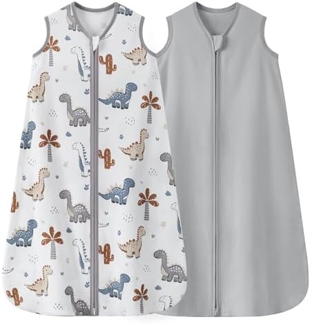 Baby Sleep Sack 18-24 Months 0.5 TOG, 100% Cotton Baby Wearable Blanket 2 Pack with 2-Way Zipper, Lightweight Sleep Bag for Boys ＆ Girls Toddler Breathable Sleeing Sack Grey Dinosaur