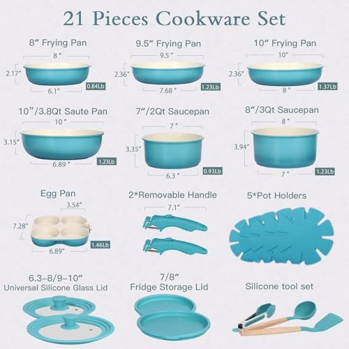 GIPP Pots and Pans Set Non Stick,Kitchen Cookware Set Detachable Handle, Non Toxic Cooking Pan Set with Frying Pans Set,RV Cookware Sets for All Stoves, Light Blue Gradient, 21PCS