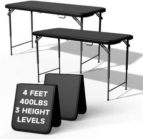 4FT Folding Table, 3 Adjustable Height & Heavy Duty, Double-Layer HDPE with Steel Legs, Foldable Table for Camping, Parties, Picnics, Black, 2 Pack
