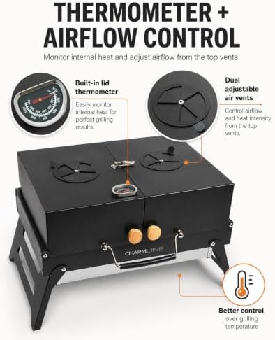 Charmline Portable Tabletop Charcoal Grill with Lid, Thermometer & Handle