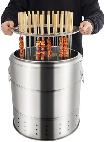 Portable Charcoal Grills, 2 in 1 Vertical Smoker, 360° Smokeless Stainless Steel BBQ Grill Barrel for Outdoor Barbecue, Camping, And Backyard Cooking (Medium-28 Skewers)