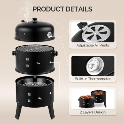 VINGLI 18 Inch Multi-Layer Charcoal BBQ Smoker Grill, Heavy Duty Round Grill, Vertical Smoker with Thermometer, for Outdoor Cooking, Patio, Parties, Backyard