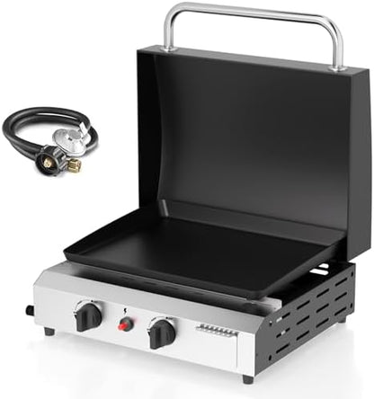 17.3'' Gas Griddle Flat Top Grill with Lid, 2-Burner Tabletop Portable Propane Griddle for Outdoor Cooking, BBQ, Camping & Tailgating Barbecue, 30,000BTU Output