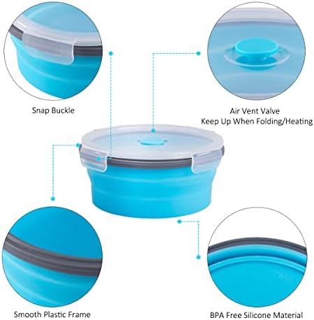 Collapsible Food Storage Containers Round with Airtight Lid, 27 oz, Kitchen Stacking Silicone Collapsible Meal Prep Container Set for Leftover, Microwave Freezer Dishwasher Safe, Blue, Set of 4