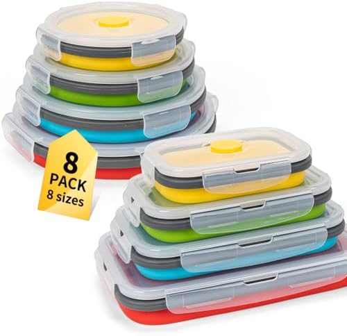 Collapsible Food Storage Containers with Lid & Air Vent, 8 Pack, 4 Rectangular + 4 Round, Annaklin Foldable Silicone Lunch Containers Collapsible Bowls Set, Microwave Freezer Dishwasher Safe, 4 Colors