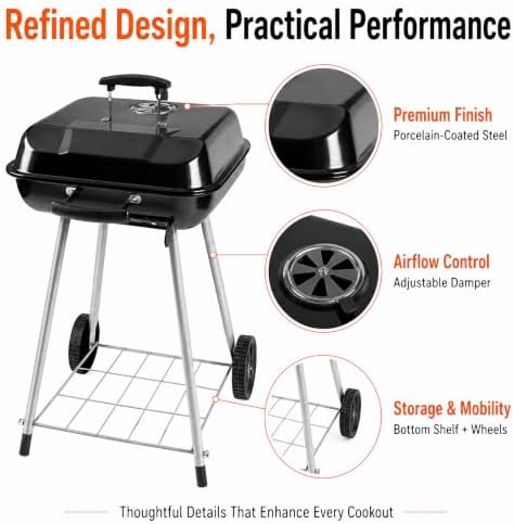 Charcoal Grill 17.5" Square Portable BBQ Kettle for Camping Picnic