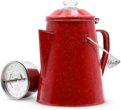 WILD Deluxe Camping Percolator Coffee Pot - Glazed Enamel Finish - Stainless Steel Internal Components - Hanging Handle - Clearview Glass Top - 10 Cups