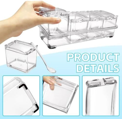 4-Cell Clear Seasoning Rack Spice Box, Storage Container Condiment Jars Acrylic Seasoning Box with Cover and Spoon (Enhanced Version Clear)