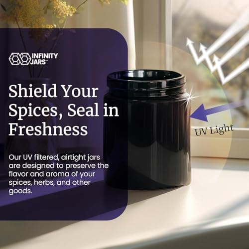 Infinity Jars 250 ml UV Glass Airtight Spice Jar Set, 6 Pack, Black