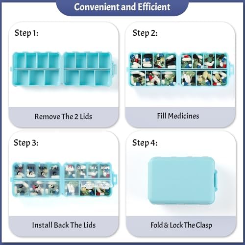 Foldable Portable 7 Day Pill Organizer 2 Times a Day, AM PM Weekly Pill Box