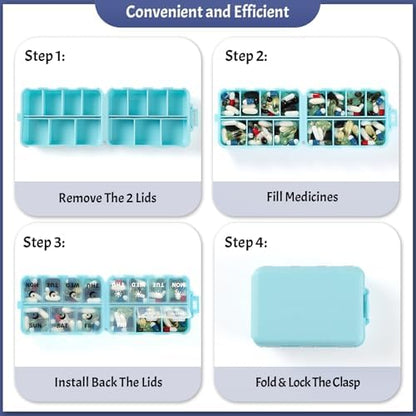 Foldable Portable 7 Day Pill Organizer 2 Times a Day, AM PM Weekly Pill Box