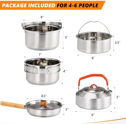 Bonnlo Camping Cookware Set, 6 Pcs 304 Stainless Steel Camp Pots and Pans with Kettle, Steamer Basket & Lids, Travel Tote Bag Included for Outdoor Cooking, Works on Gas, Electric & Induction Cooktops