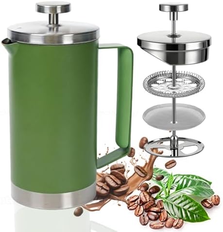 Stainless Steel French Press Coffee Maker 21OZ, 600ml Coffee Press Tea Press for Personal, Office, Travel,Camping (Green, 1-3 Cups)