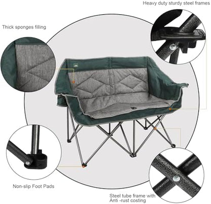 Northroad Folding Loveseat Camping Chair Portable Double Duo Full Padded Garden Chair for 2 Person Sofa w/ 2 Cup Holder,Wine Glass Holder,Mesh Storage,Support 600lbs for Picnic Beach Travel