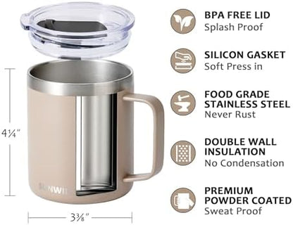 SUNWILL Travel Coffee Mug with Lid, Insulated Tumbler with Handle, 14oz Stainless Steel Cup for Camping, Office, Home, Powder Coated Taupe