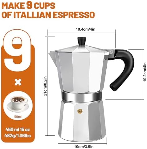 9 Cup Aluminum Espresso Stovetop Moka Pot Express Coffee Maker Percolator Italian Classic Mocha Coffee Machine for Italian and Cuban Cafe Brewing for Home & Camping 450ml 15oz
