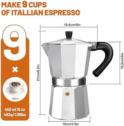 9 Cup Aluminum Espresso Stovetop Moka Pot Express Coffee Maker Percolator Italian Classic Mocha Coffee Machine for Italian and Cuban Cafe Brewing for Home & Camping 450ml 15oz