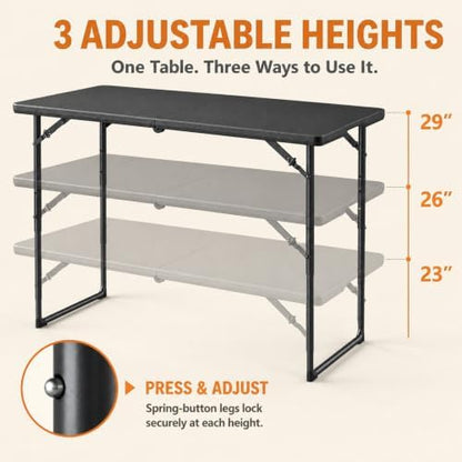 4FT Folding Table, 2 Pack Height with Built in Handle, Heavy Duty Fold-in-Half Portable Table, 400 lbs Capacity Foldable Table for Party Dining Camping Events Picnic Outdoor Indoor Use