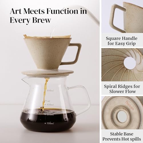 DOWAN Pour Over Coffee Maker, Non-Electric Pour Over Coffee Dripper, Manual Brew Maker, Single Cups Porcelain Slow Brewing Accessories for Gifts, Grey