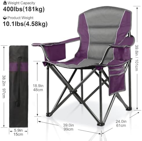 Oversized Padded Camping Chairs for Adults,Heavy Duty Support 400 Lbs,Folding Portable Lawn Chair w/Cup Holder,Cooler Bag,Side Pocket,Perfect for Outdoor Picnic,Hiking(Purple)