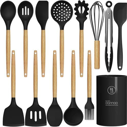 oannao Silicone Cooking Utensils Set Utensil Sets - 446°F Heat Resistant Silicone Kitchen Utensils Set Wooden Handles, Silicone Utensils for Cooking w Holder for Non-Stick Cookware BPA FREE (Black)