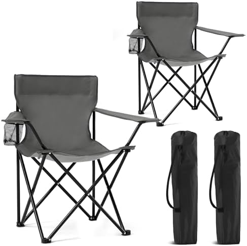 2 Pack Portable Camping Chairs Folding Lawn Chair Outdoor Lightweight Beach Chair with Cup Holder & Carry Bag for Outside Sports, Fishing, Hiking, Travel, Picnic, Backyard (Grey, Medium)