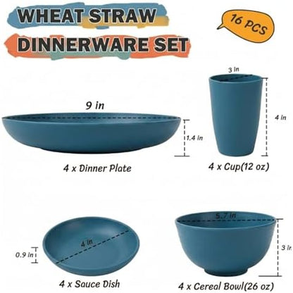 16 PCS Wheat Straw Plates and Bowls Sets,Kids Dishes Dinnerware Sets for 4,Unbreakable Kitchen Plates and Bowls Set for Travel Dishwasher & Microwave Safe Lightweight Dishes Set - DeepBlue