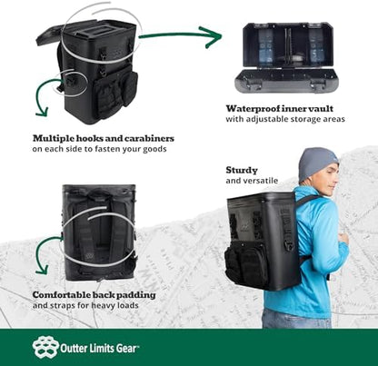 Outter Limits Gear VaultPack Backpack | Cooler Bag Insulated Portable Soft Shell with Interior Heavy Duty Hard Case | Sturdy Leak Proof Lightweight System with 4 Cold Ice Packs |