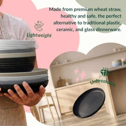 Homienly Wheat Straw Dinnerware Sets 20 PCS Unbreakable Plates and Bowls Set Microwave & Dishwasher Safe Dishes Set for 4 Kitchen Plate Set Party, Camping, RV, Picnic, Apartment-Black Grey