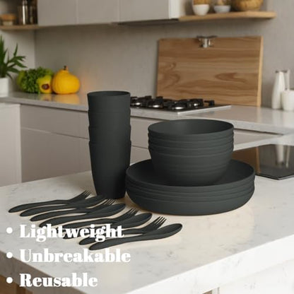 Wheat Straw Dinnerware Sets for 4, Unbreakable Plates and Bowls Sets 20 PCS, Reusable Plastic Dinnerware Set, Microwave Safe Kitchen Dish Set for Dorm, Camping (Black)