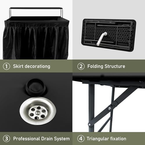 2-Tier Foldable Ice Cooler Table with Drain Hose,Black
