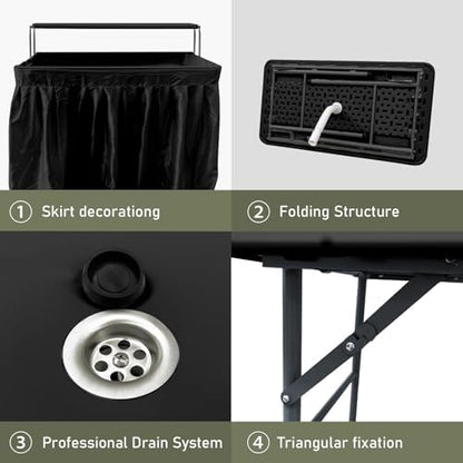 2-Tier Foldable Ice Cooler Table with Drain Hose,Black
