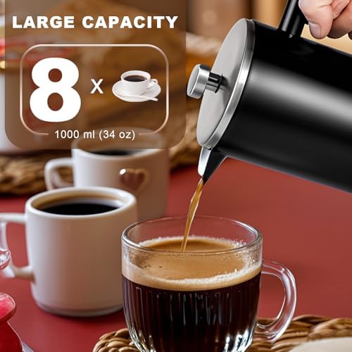34 OZ Large French Press, Premium Stainless Steel French Press Coffee Maker