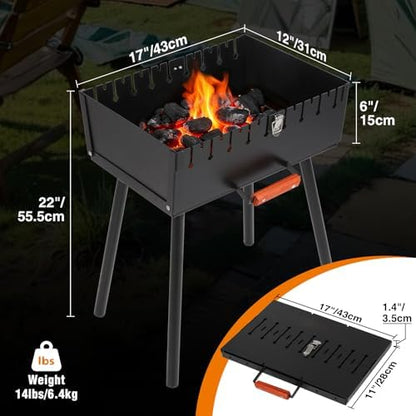 Portable Mangal Grill, Foldable Heavy Duty Charcoal BBQ Grill for Kabob, Kebab and Shashlik, Compact Case Design Tool-Free Assembly Outdoor Grill for Backyard Camping Travel and Hiking
