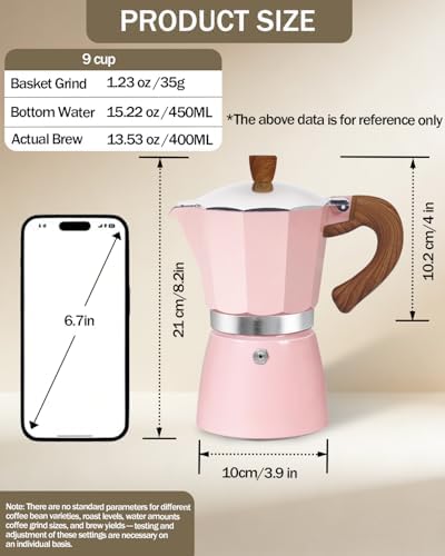 Coffee Maker Stovetop Espresso Maker 9 Cup Aluminum Moka Pot Percolator 15oz 450ml Easy Brewing for Electric Ceramic Stoves Home Camping Italian Cuban Café Classic Pink