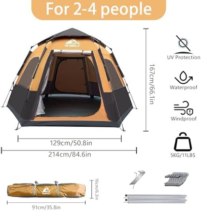 Hewolf 2/3/4 Person Camping Tent - Instant Pop Up Waterproof 2 Doors Tent with Easy Setup | 3-Season Hexagonal Dome Design for Family, Hiking & Traveling