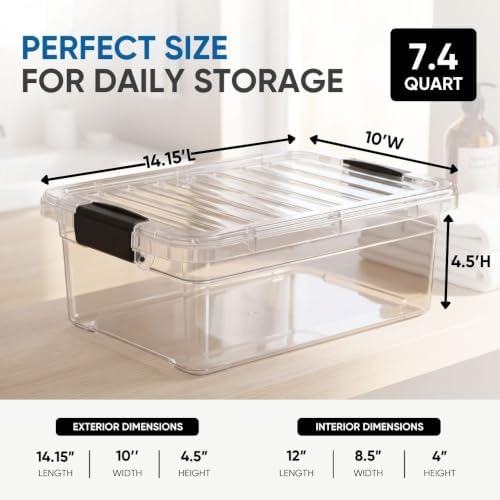 Superio 7.4 Quart Clear Plastic Storage Bin with Lid, Stackable Organizer Box, BPA-Free Storage Container for Home, Garage, School & Office, 1 Pack