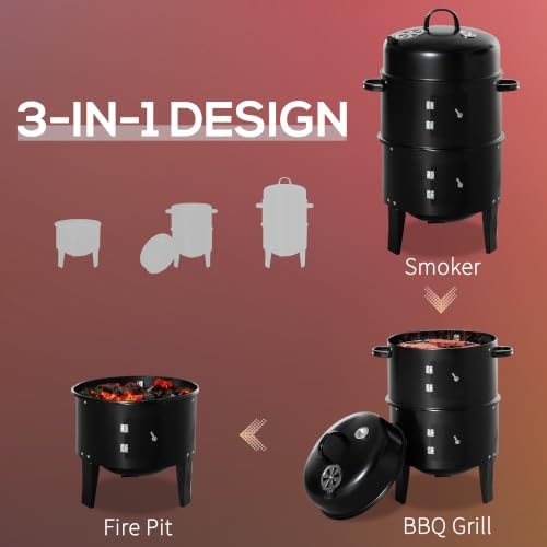 Outsunny Vertical Charcoal BBQ Smoker 3-in-1 16" Round, Black