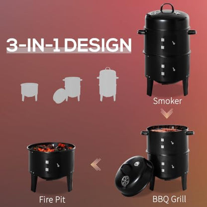 Outsunny Vertical Charcoal BBQ Smoker 3-in-1 16" Round, Black