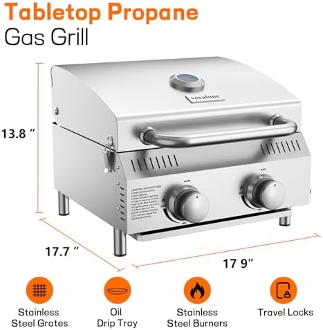Veralune 2-Burner Tabletop Gas Grill, 22000 BTU Stainless Steel Grill