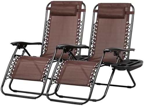Nazhura Set of 2 Relaxing Recliners Patio Chairs Adjustable Steel Mesh Zero Gravity Lounge Chair Beach Chairs with Pillow and Cup Holder Khaki (Brown)