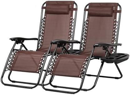 Nazhura Set of 2 Relaxing Recliners Patio Chairs Adjustable Steel Mesh Zero Gravity Lounge Chair Beach Chairs with Pillow and Cup Holder Khaki (Brown)